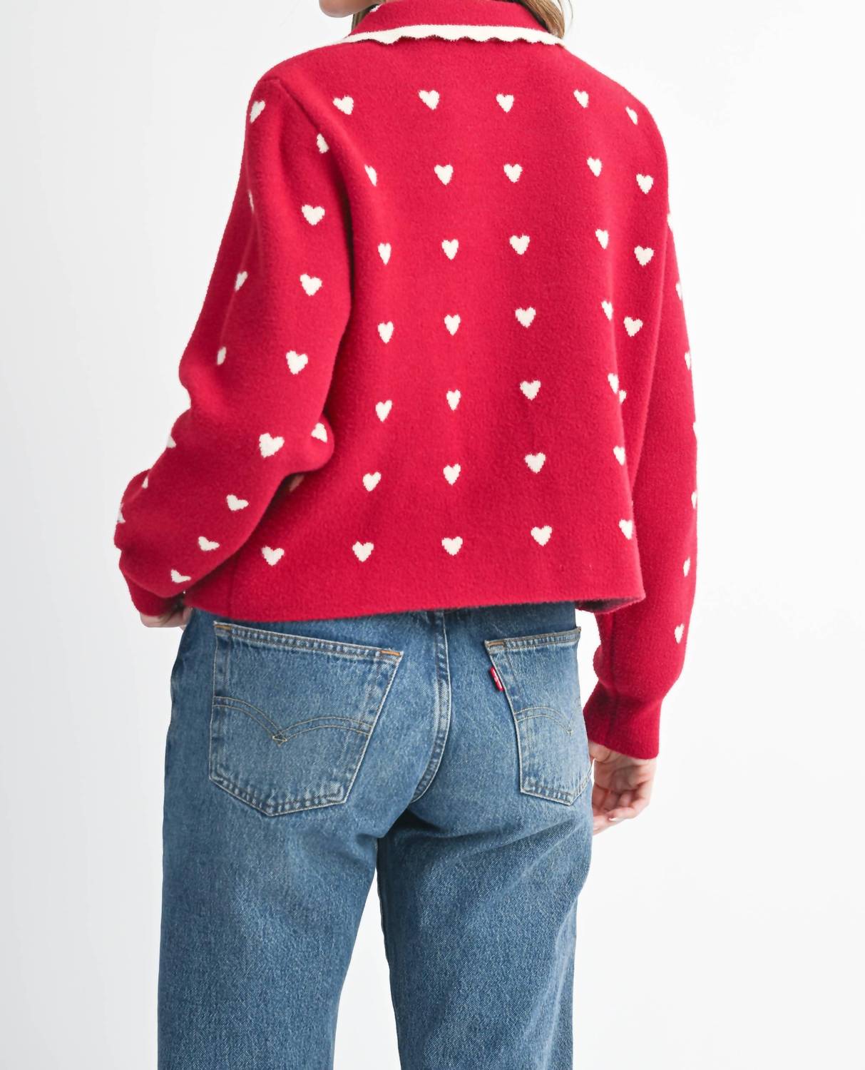 AEMI + CO Heart Pointelle Peter Pan Cardigan in red - women's cardigan - detail view
