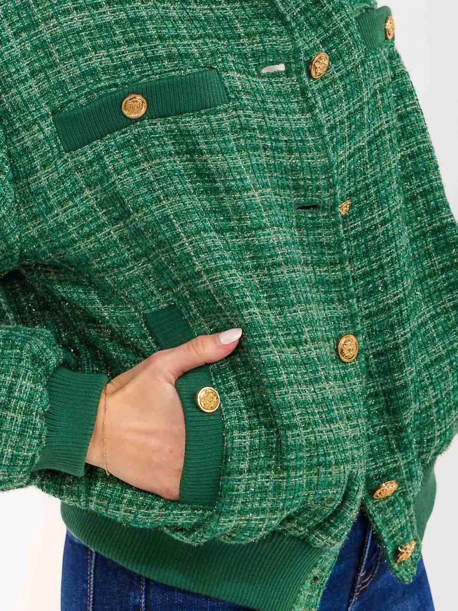 Surelymine - Long Sleeve Button Closure Pockets Tweed Shimmer Jacket