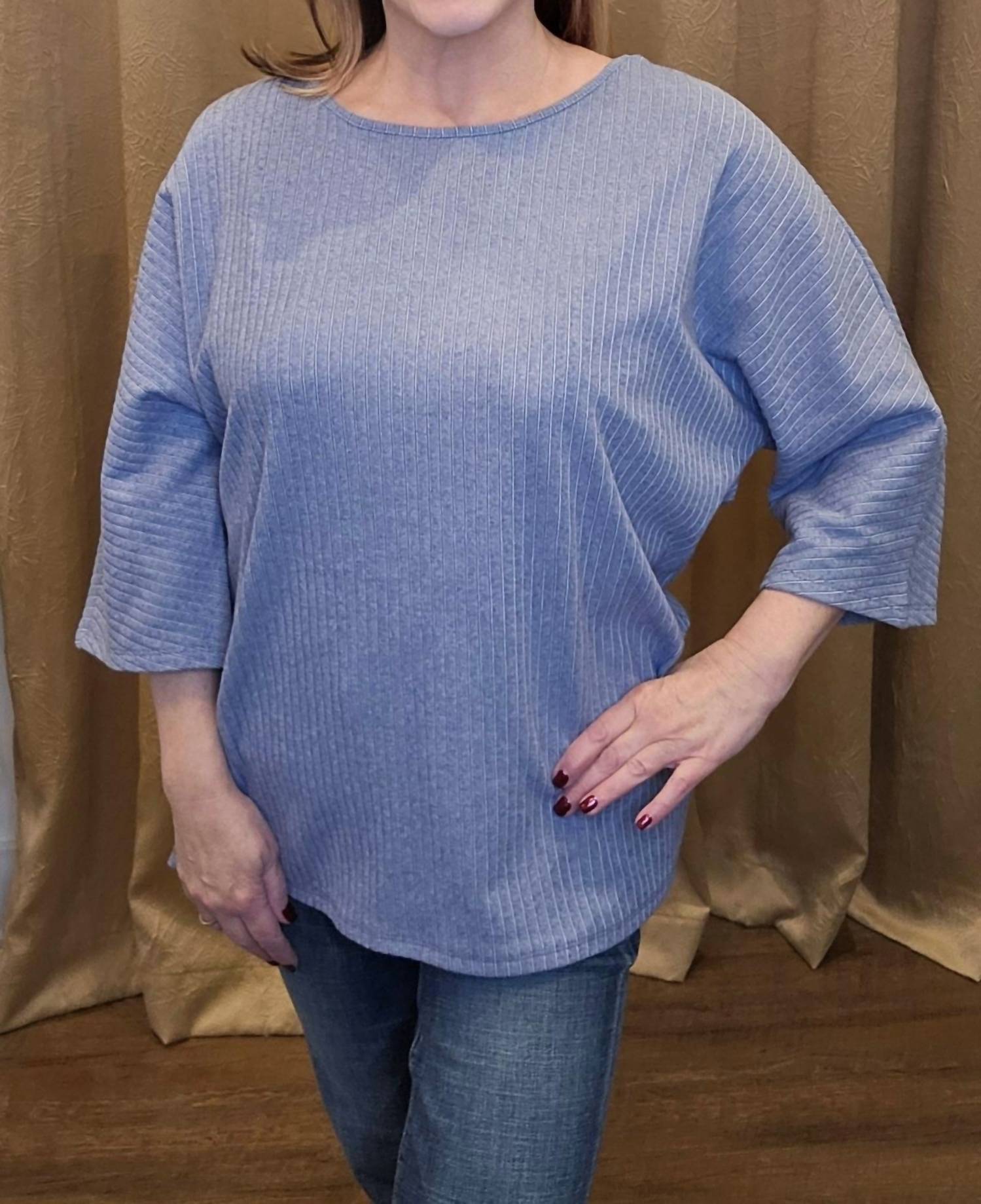 PURE essence Three-quarter Length Sleeve Flowy Top in blue - women's long sleeve top