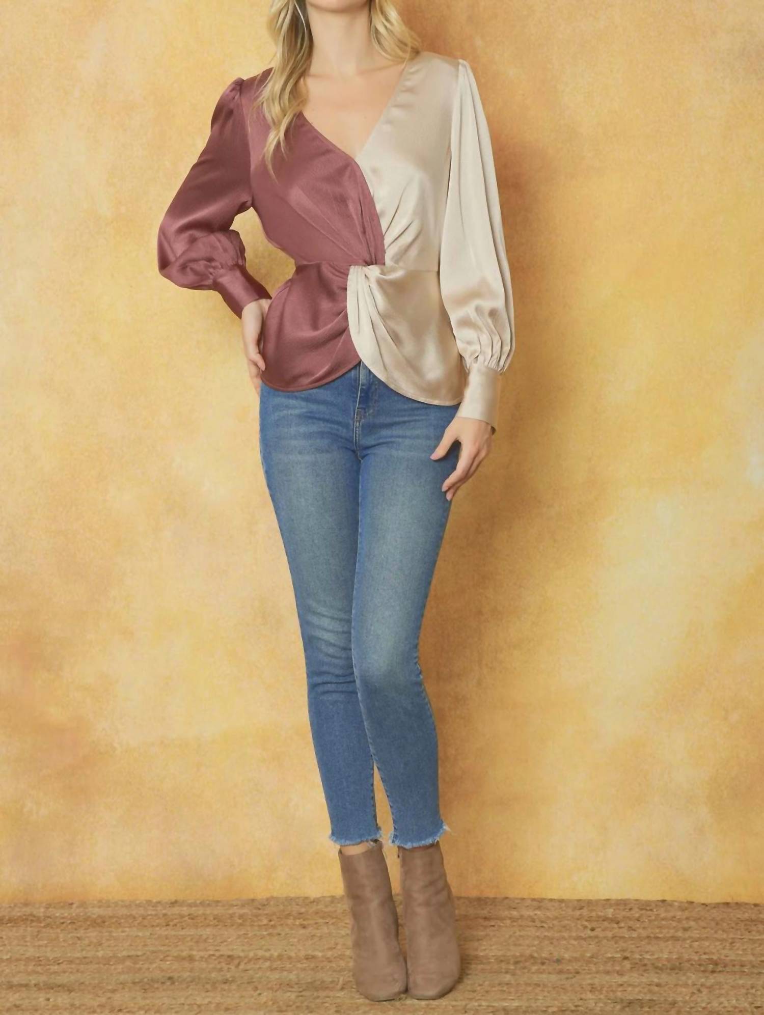 Entro - Satin Colorblock V-neck Long Sleeve Top