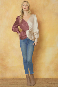 Entro - Satin Colorblock V-neck Long Sleeve Top