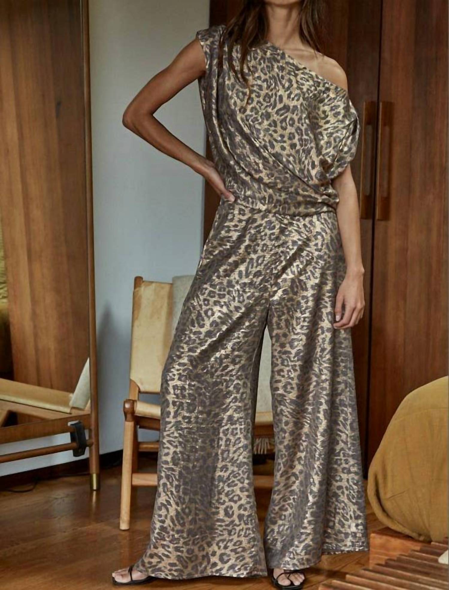 By Together - Woven Satin Animal Print Off The Shoulder Top