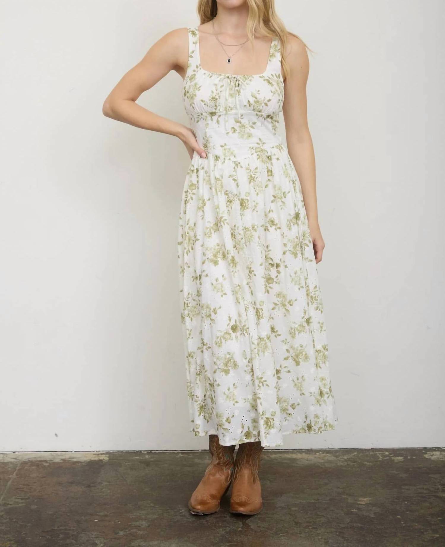 Blu Pepper - Floral Pattern Front Tie Corset Midi Dress