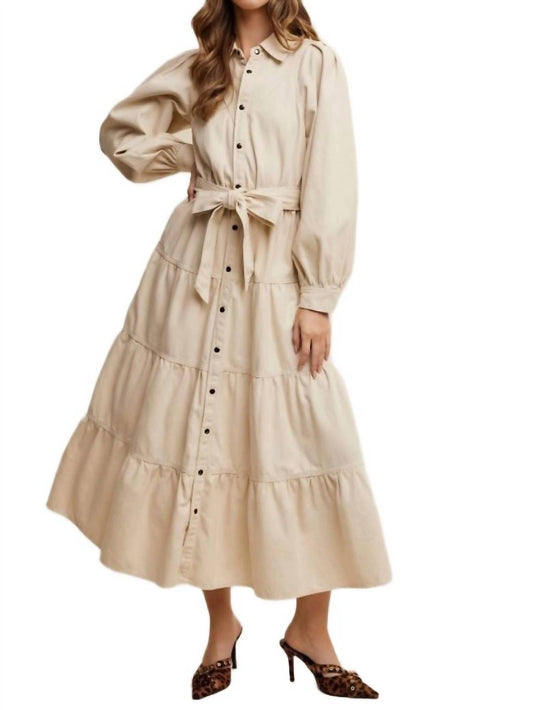 Knit & Lounge - Tiered Belted Bishop Sleeve Maxi Shirt Dress