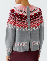 Oui Fair Isle Sweater Top in grey red - women's sweater - detail view