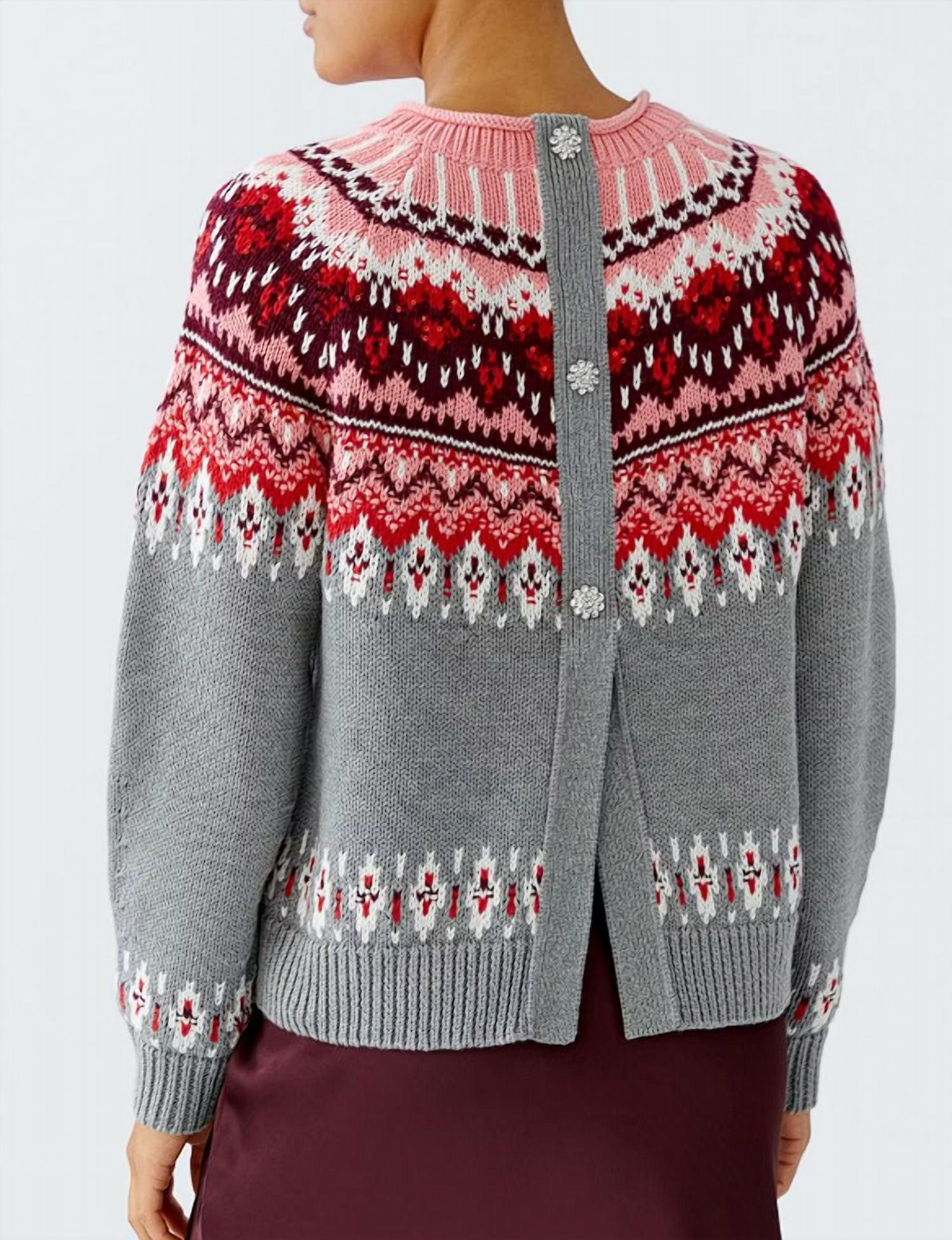Oui Fair Isle Sweater Top in grey red - women's sweater - detail view