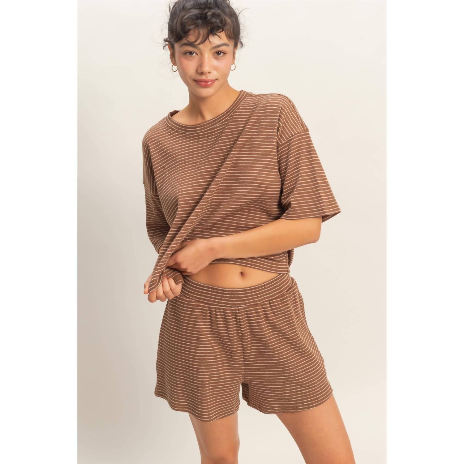 Hyfve - Striped Round Neck Ribbed Top And Shorts Set