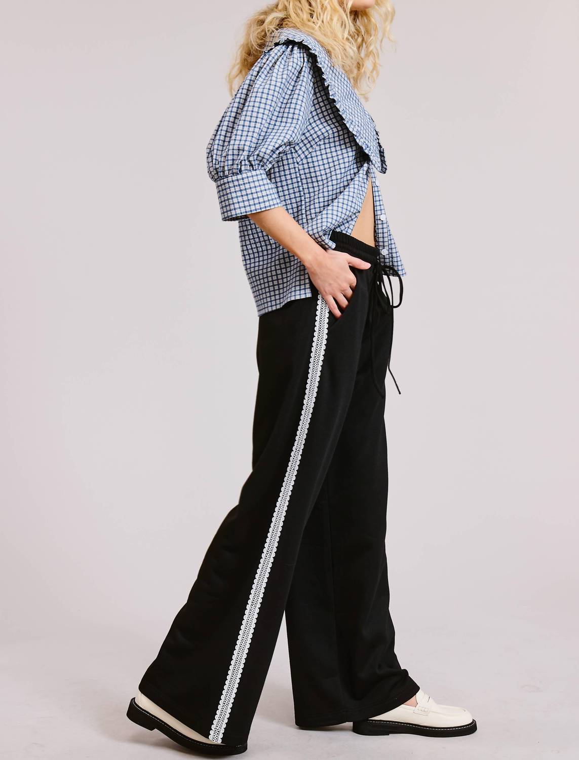 Mimosa Lace Trim Wide Leg Track Pants in black - women's pants - view 5