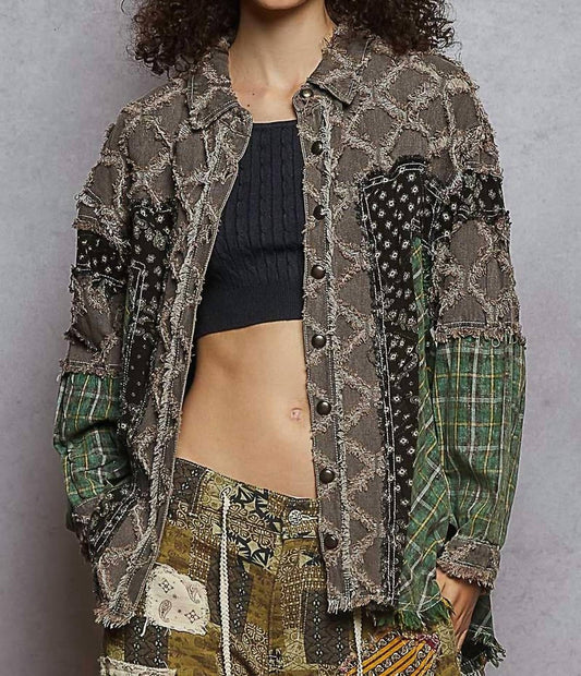 Pol - Long Sleeve Contrast Textured Shacket