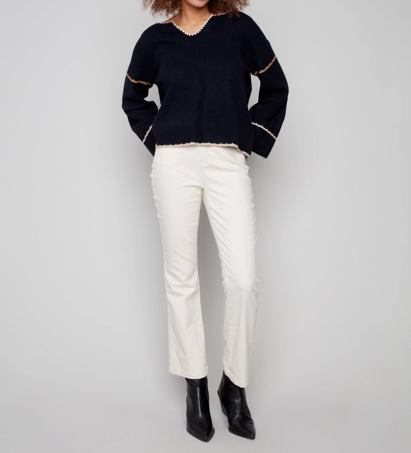 Charlie B - Ribbed V-neck Notched Soutache Sweater