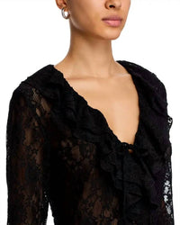 STEVE MADDEN Elvie Ruffle Front Lace Top in black - women's blouse - detail view