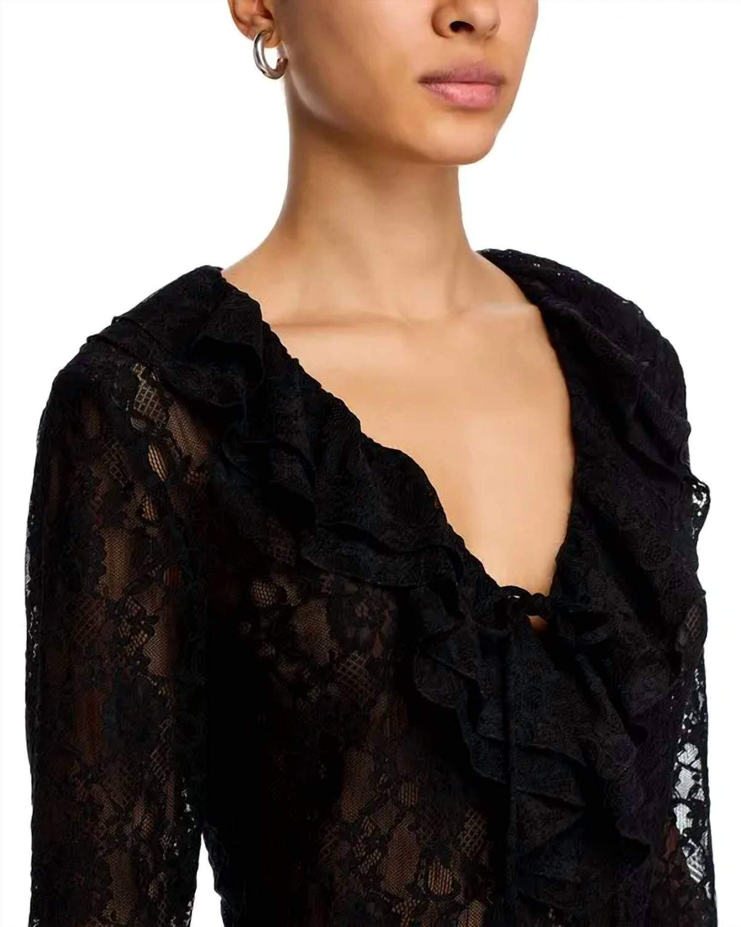 STEVE MADDEN Elvie Ruffle Front Lace Top in black - women's blouse - detail view