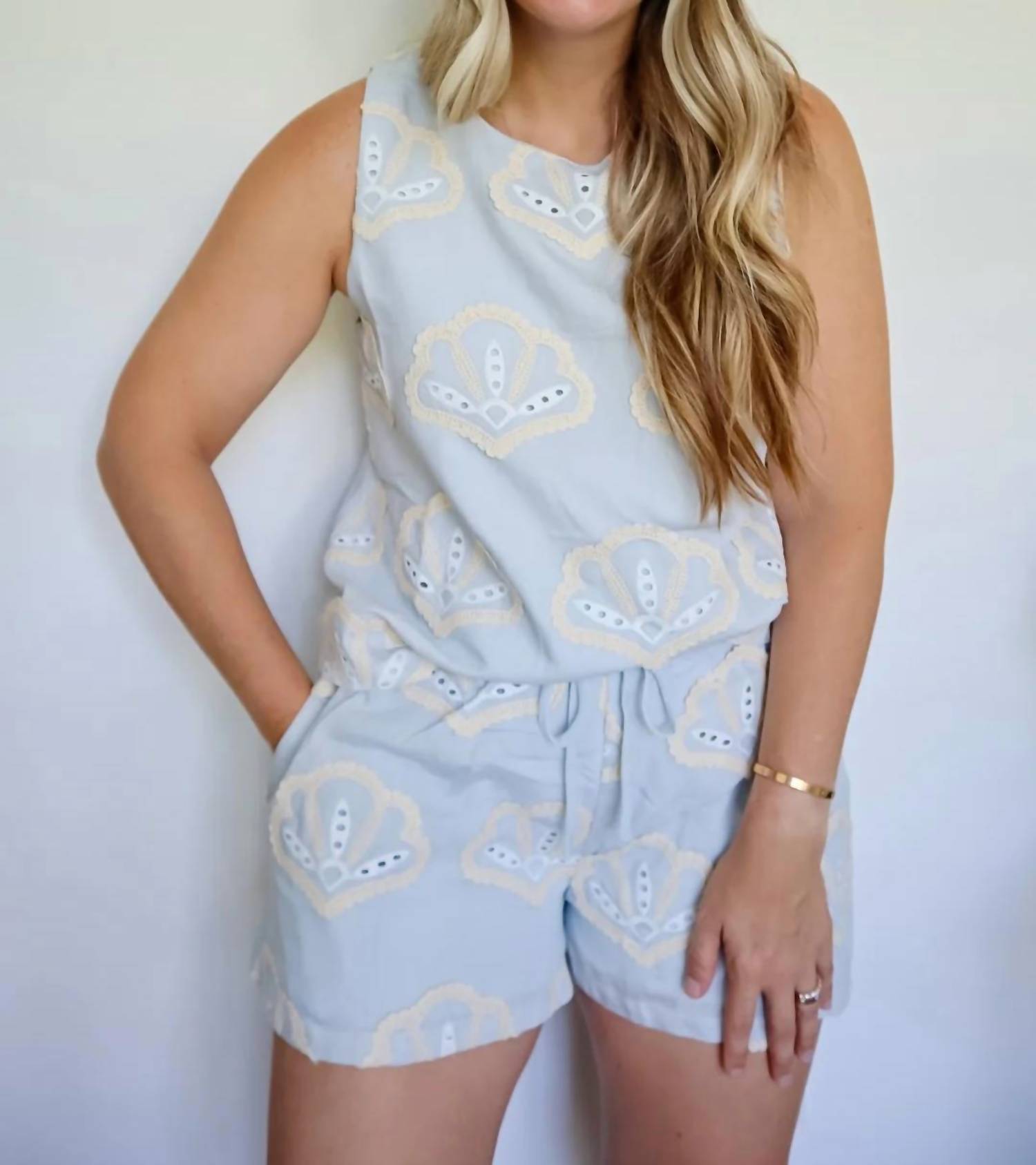 Lalavon - Sydney Seashell Embroidery Top & Shorts Set