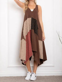 Blue Velvet Patch Work Midi Dress in brown multi - women's dress