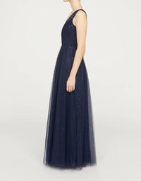 THEIA Kiana Beaded V Neck Gown in navy - women's dress - alternate view