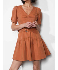 Greylin - Hayden Puff Sleeve Belted Flare Dress