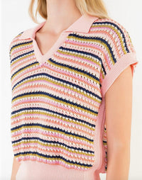 THML Open Knit Collard Sweater Top in pink - women's blouse - detail view