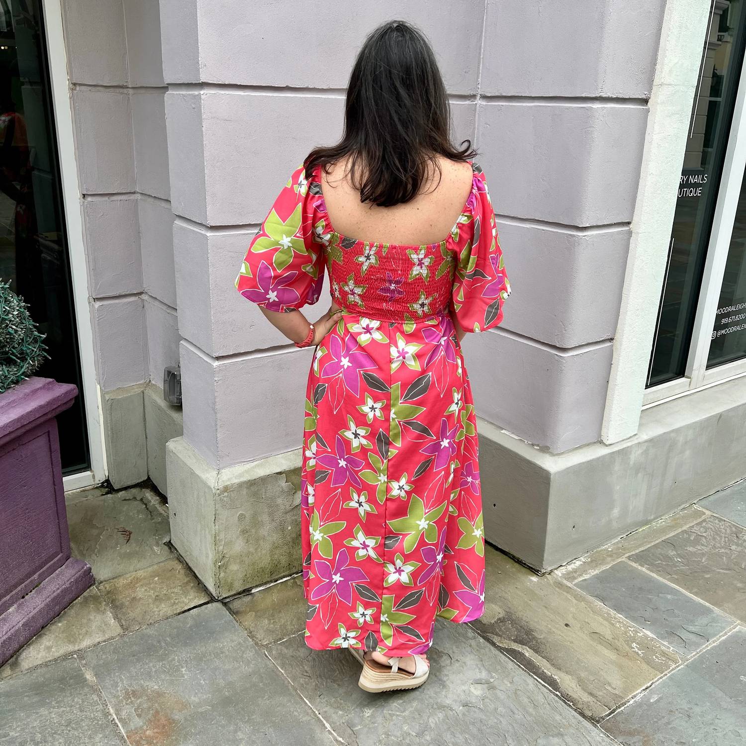 Peach Love - Floral Print Cut-out Midi Dress