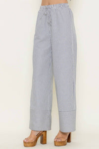 Fore Collection Striped High Waisted Drawstring Tie Wide Leg Pants in ivory navy - women's pants - alternate view