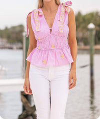 Strut & Bolt Lemon Embroidery Bow Strap Top in pink stripe - women's blouse - view 5
