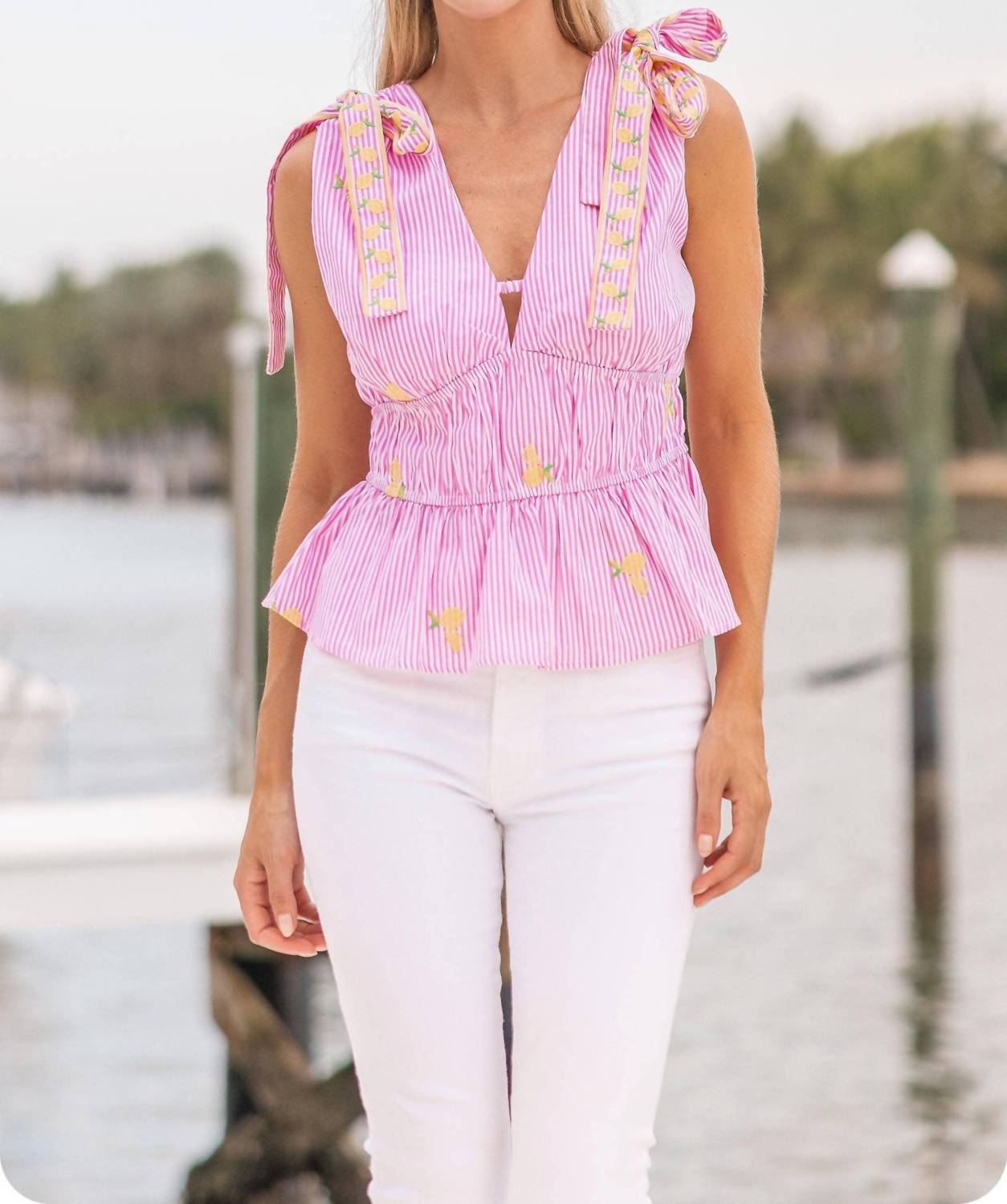 Strut & Bolt Lemon Embroidery Bow Strap Top in pink stripe - women's blouse - view 5