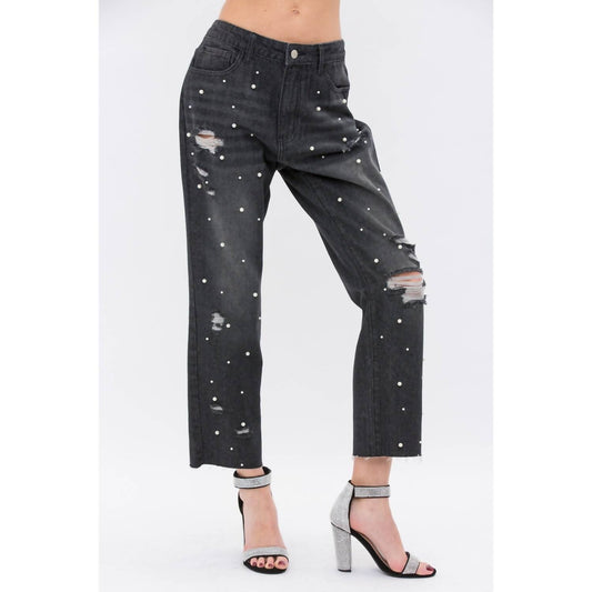 Vocal Apparel - Pearl Embellished Ripped Denim Jeans