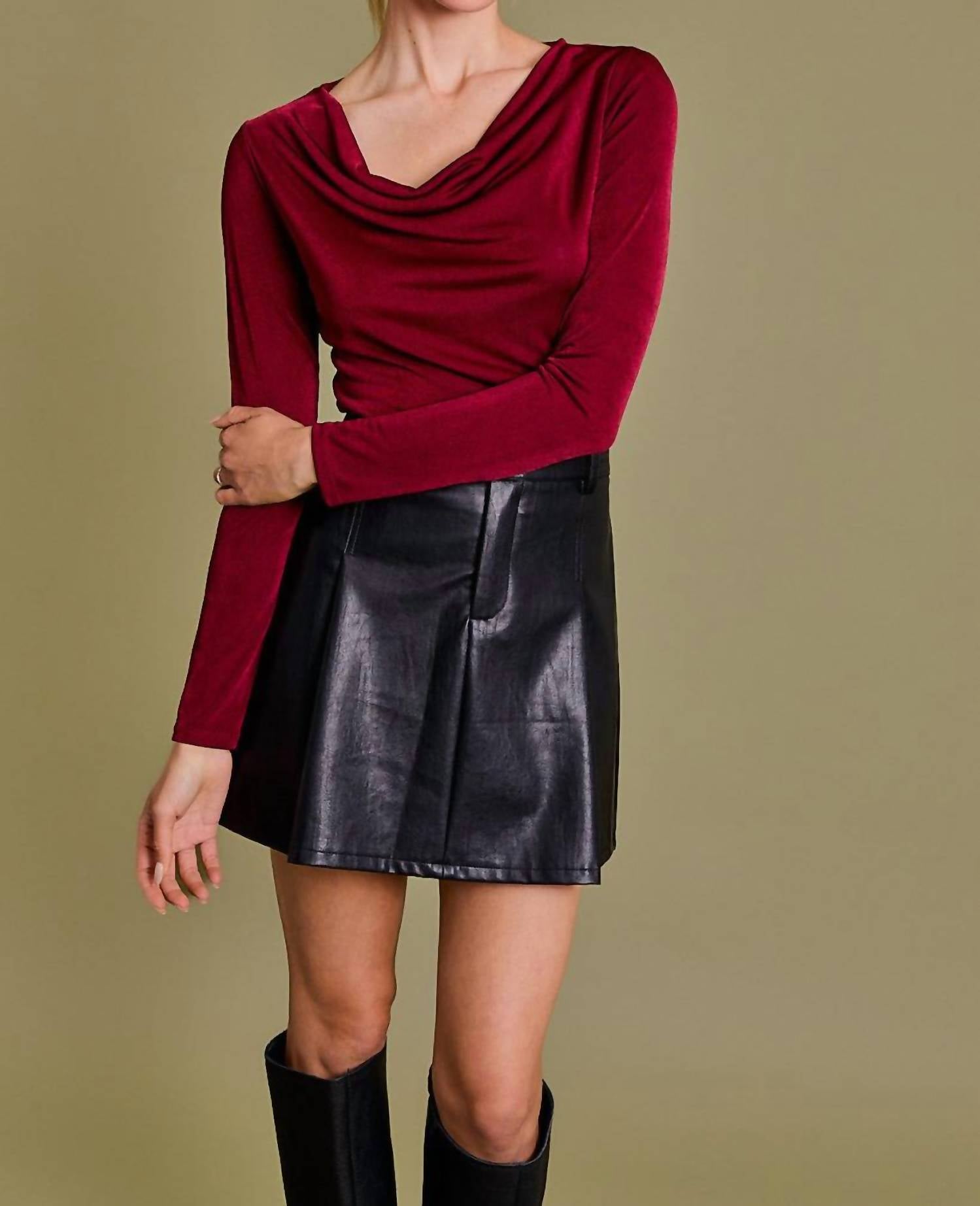 GILLI Scarlette Cowl Neck Top in burgundy - women's long sleeve top - view 6