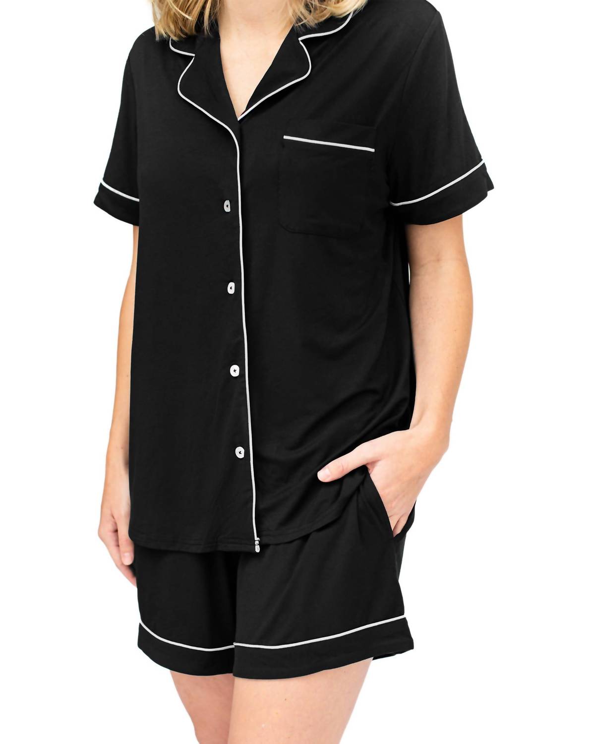 Kindred Bravely Bamboo Maternity & Postpartum Short Sleeve Pajama Set in black - women's intimate - detail view