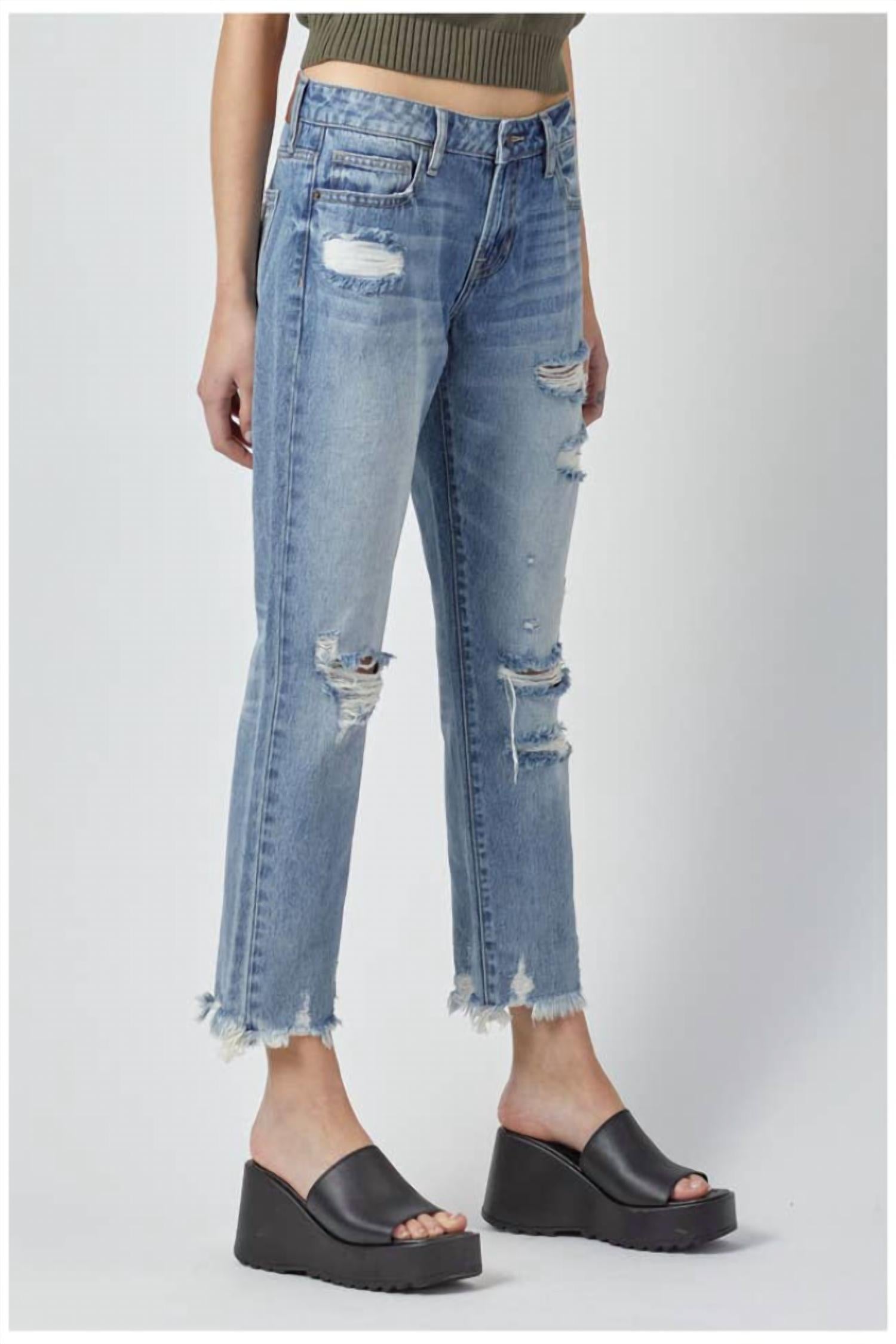 HIDDEN Women's Distressed Boyfriend Jean in blue - women's jeans - alternate view
