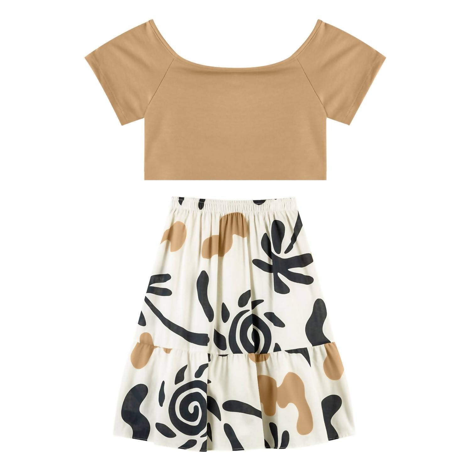 Nanai - Girl's Chic Boxy Tee & Printed Skirt Set