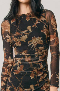 Dress Forum - Floral Mesh Ruched Midi Dress