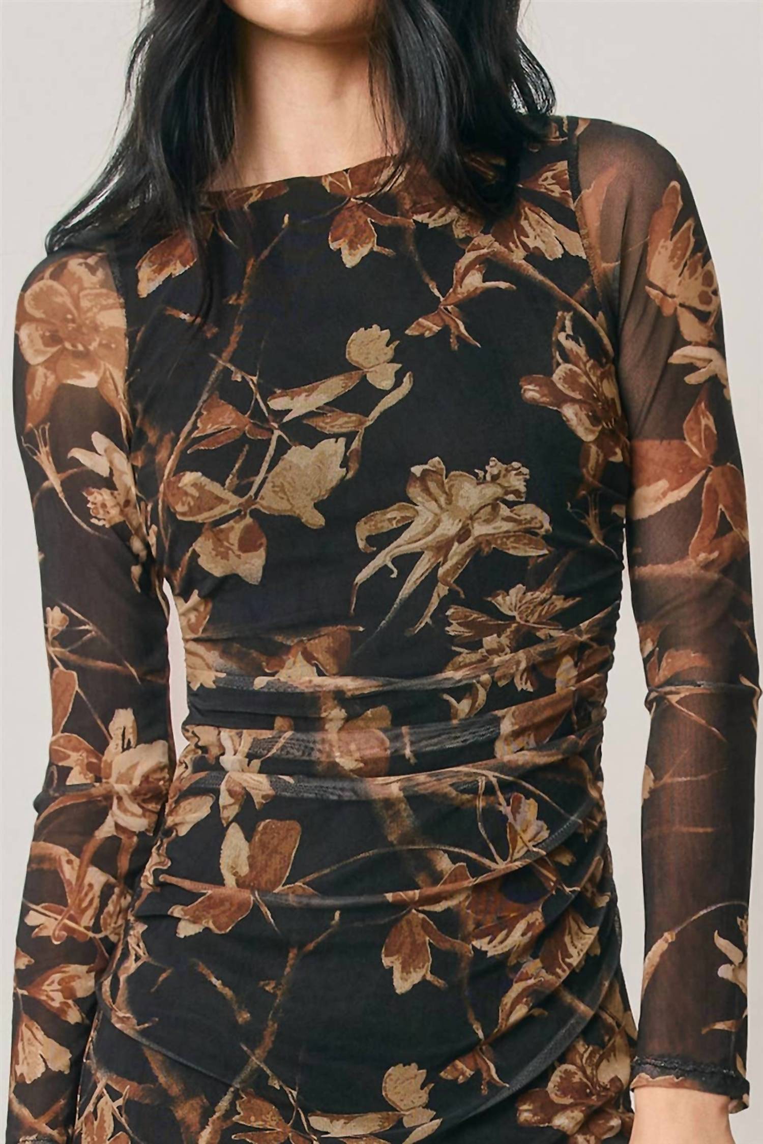 Dress Forum - Floral Mesh Ruched Midi Dress