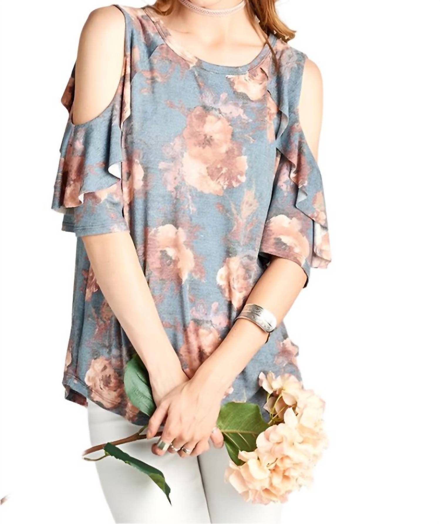 Oddi - Washed Floral Cold Shoulder Top
