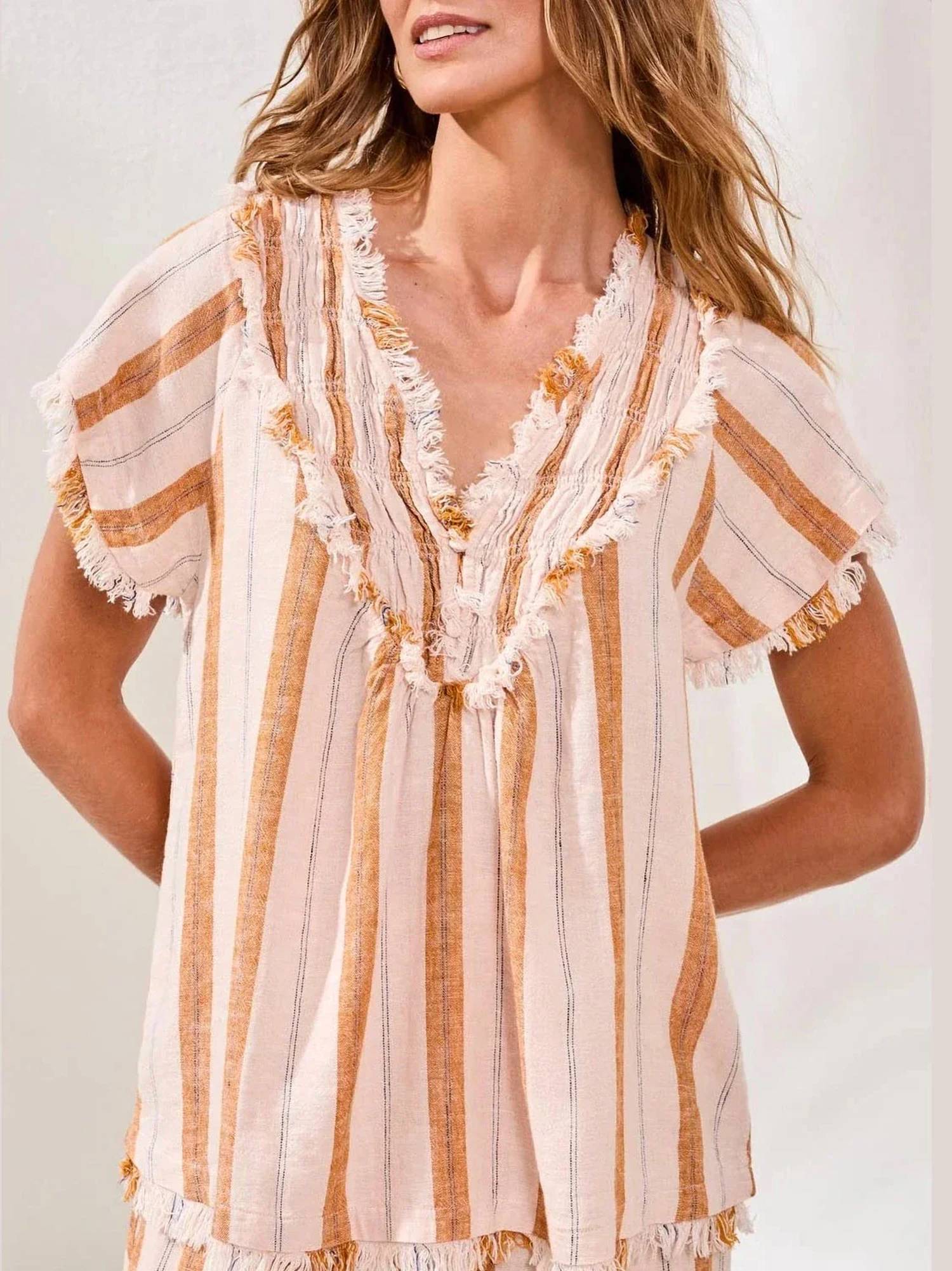 Tribal - Textured Linen V-neck Top