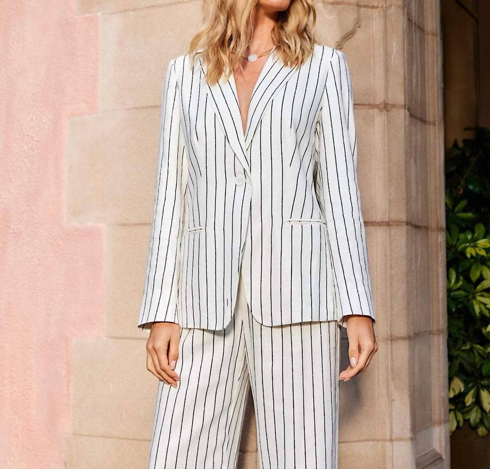 Karen Kane Linen Blend Stripe Blazer in cream and black - women's jacket - view 4