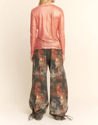 DAVI & DANI Metallic Mesh Long Sleeve Layering Top in coral shimmer - women's long sleeve top - alternate view