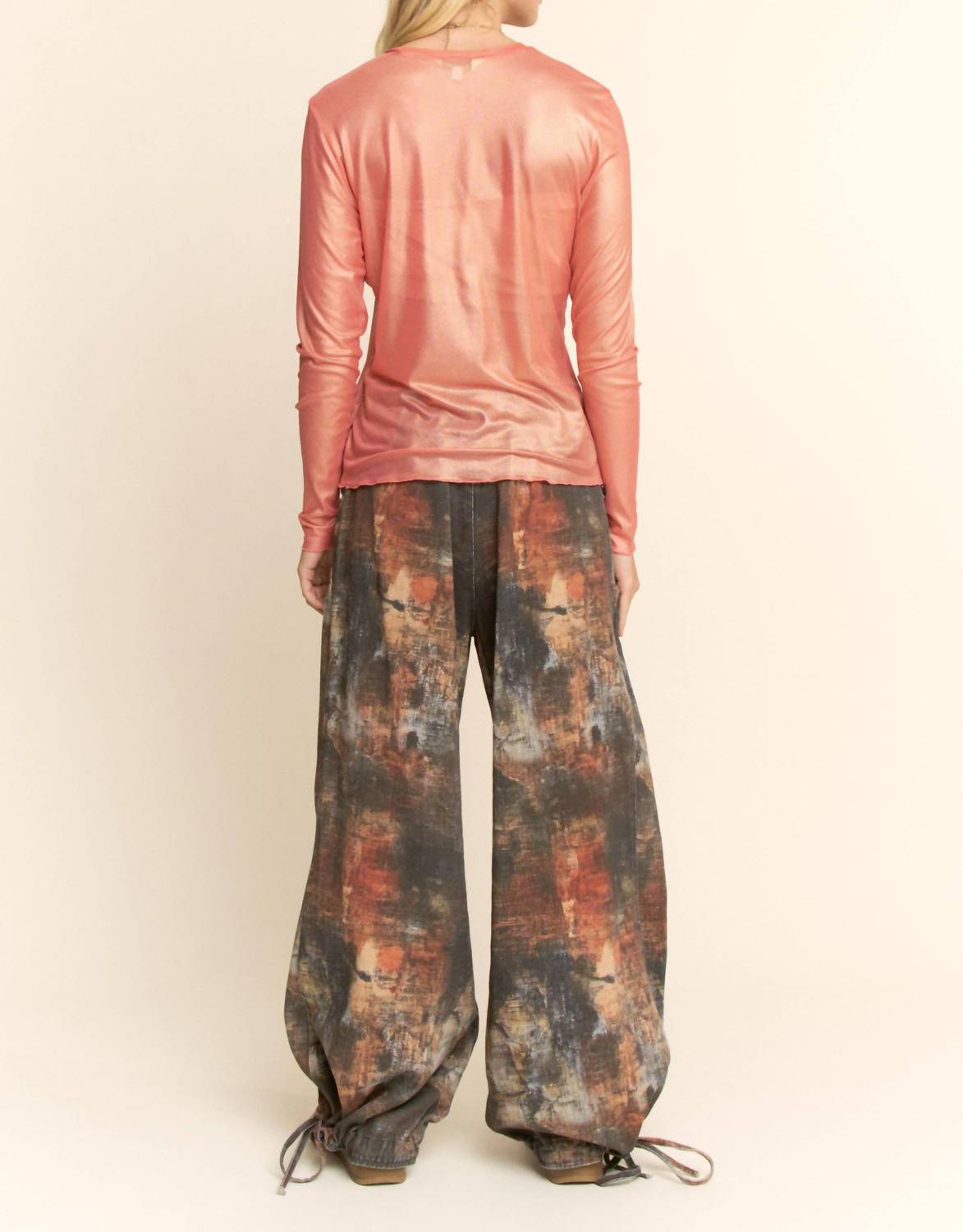 DAVI & DANI Metallic Mesh Long Sleeve Layering Top in coral shimmer - women's long sleeve top - alternate view