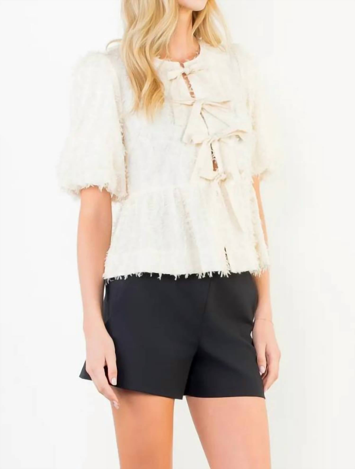 Mint Exclusives Freya Fringed Front Tie Puff Sleeve Top in beige - women's blouse - alternate view