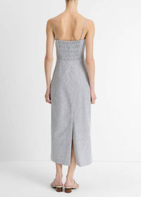 Vince Ticking Stripe Drape Front Strapless Dress in iris slate off white - women's dress - detail view