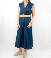 entro Linen Style Belted Midi Dress in navy - women's dress - detail view