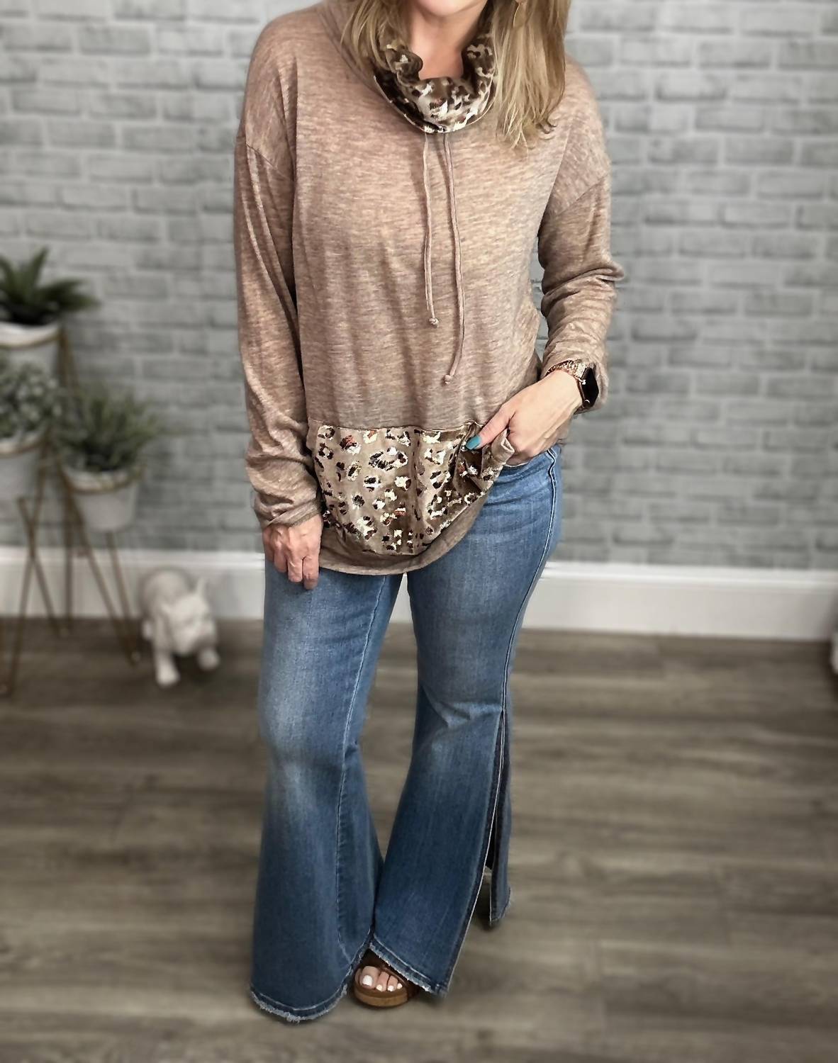 And The Why - Metallic Animal Print Accent Funnel Neck Top