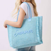 3Am By H&D Accessories - Women's Woven Straw Fringe Tote With Summer Embroidery & Gold Lurex
