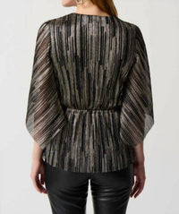 Joseph Ribkoff - Pleated Foil Knit Top With Shirred Waist And Sash