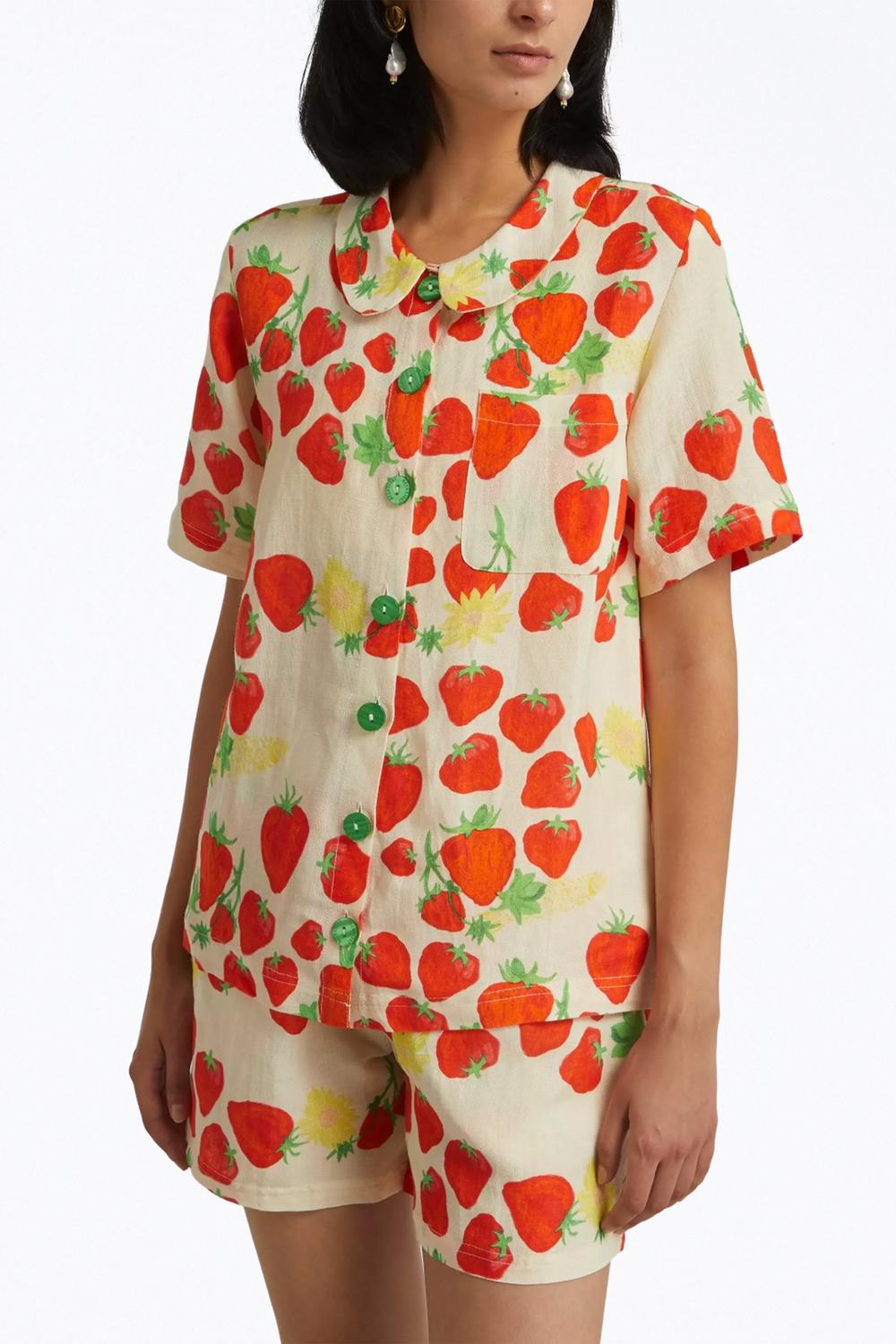 STRAWBERRY-PRINT LINEN-BLEND SHIRT