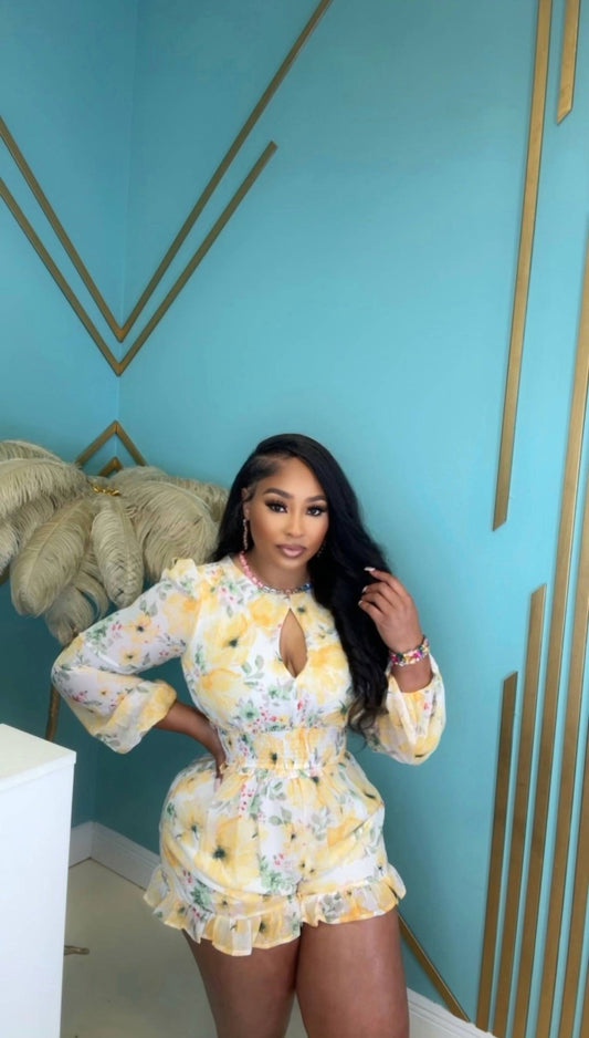 Privy - Floral Chiffon Keyhole Smocked Waist Ruffle Romper