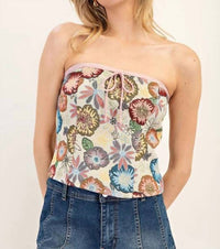 Ee:Some - Strapless Floral Tapestry Crop Top