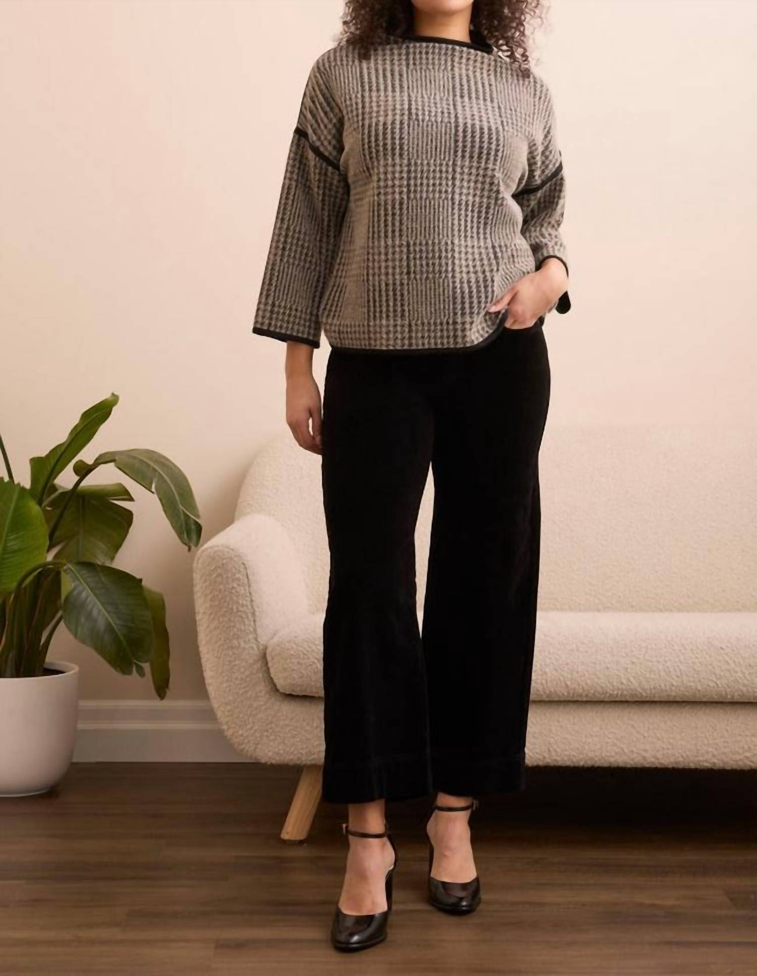 Tribal - Three Quarter Sleeve Mock Neck Jacquard Plaid Top