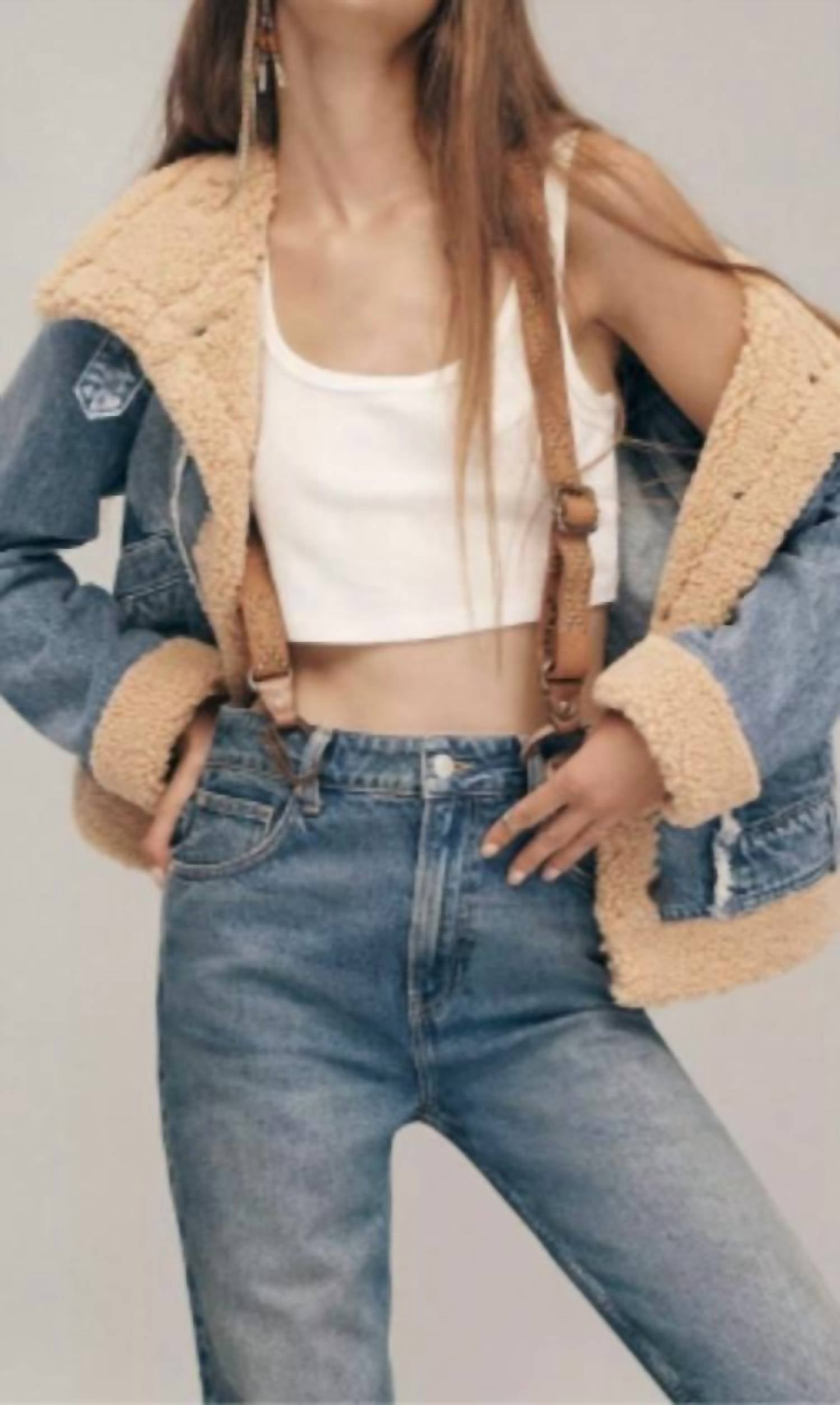 We The Free Rylee Cozy Moto Jacket in blue - women's jacket - detail view
