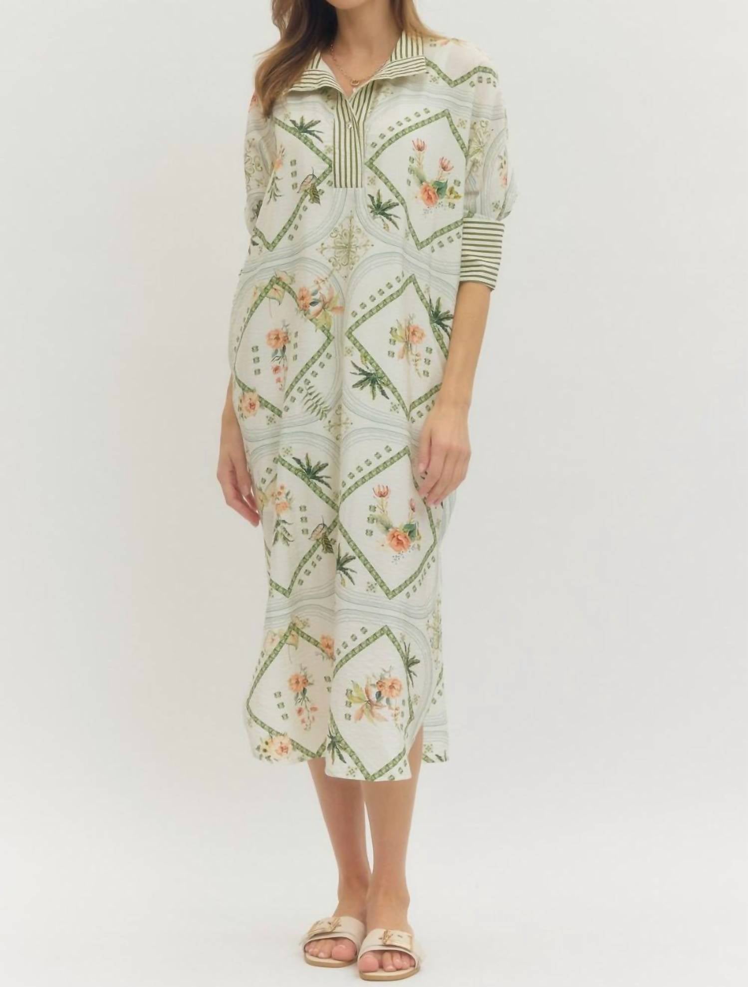 Entro - Scarf Print Three Quarter Sleeve Midi Dress