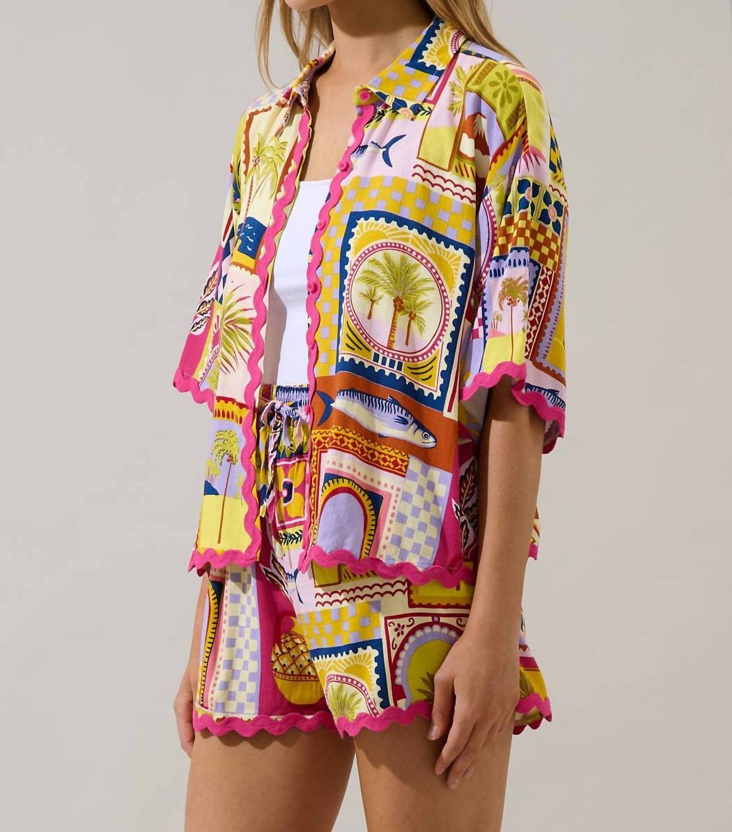 SUGARLIPS Island Sunset Postcard Button Shirt in multi - women's shirt - alternate view